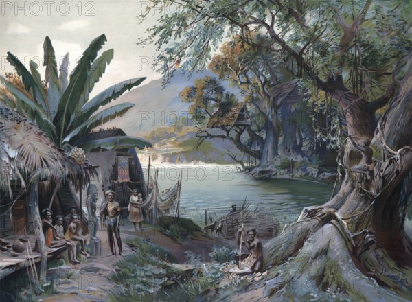 Natives in New Guinea around 1905, bay and village, authentic reproduction of a school mural,