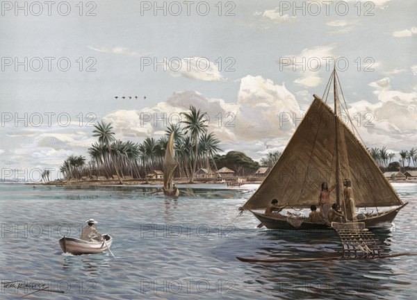Coast with sailboats and locals, Marshall Islands, island state in the middle of Oceania, around