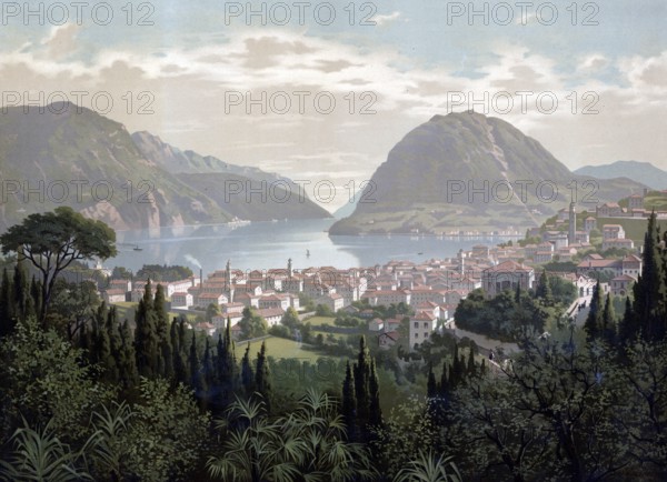 View of the city of Lugano and Lake Lugano, 1890, Switzerland, authentic reproduction of a school