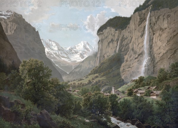 Lauterbrunnen with the 300 m high Staubbach Falls, 1890, Switzerland, authentic reproduction of a