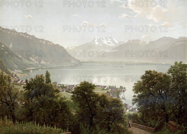 Lake Geneva in 1890, Switzerland, authentic reproduction of a school mural, historical, exact date