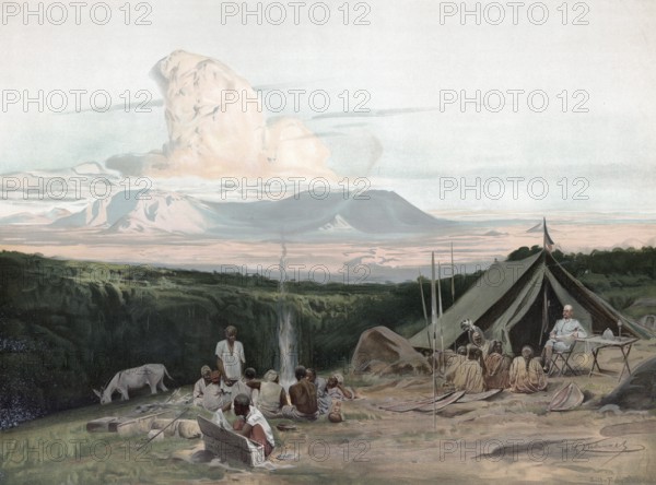Research camp with natives, German East Africa, today Tanzania, 1905, authentic reproduction of a