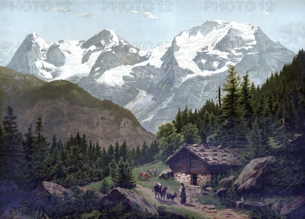 Eiger, Mönch and Jungfrau, Alps, 1891, Bernese Alps, Switzerland, authentic reproduction of a