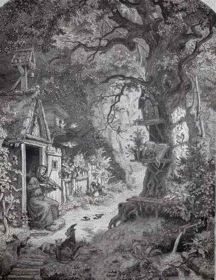 Hermit in a hut in the forest, playing the violin, in the surrounding area many devotional objects
