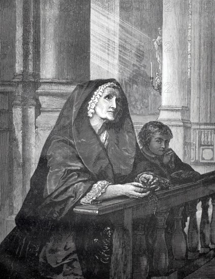 In prayer, mother and son are in church praying a rosary, 1880, Germany, older and younger person