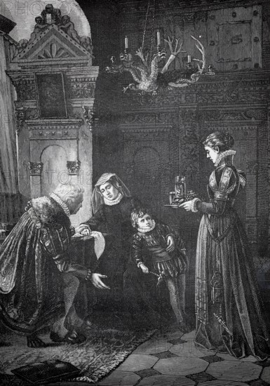 Condolence visit, distinguished man visits the widow in mourning, another woman serves him a drink,
