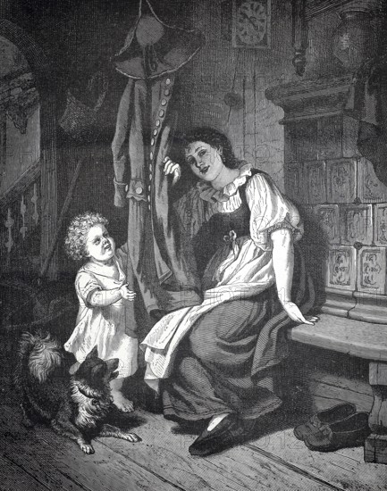 Where am I, mother playing hide and seek with her child, mother with child and dogs in front of a