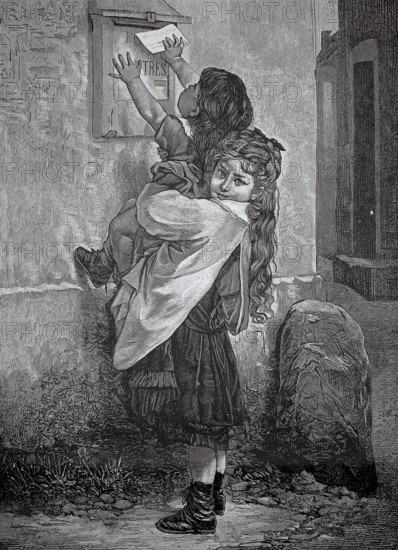 At the mailbox, girl picks up her little sister so she can drop in a letter, 1880, France, An older