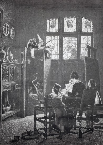 Puppet theatre, puppet theatre, children watch a puppet show, a family is sitting eating and a