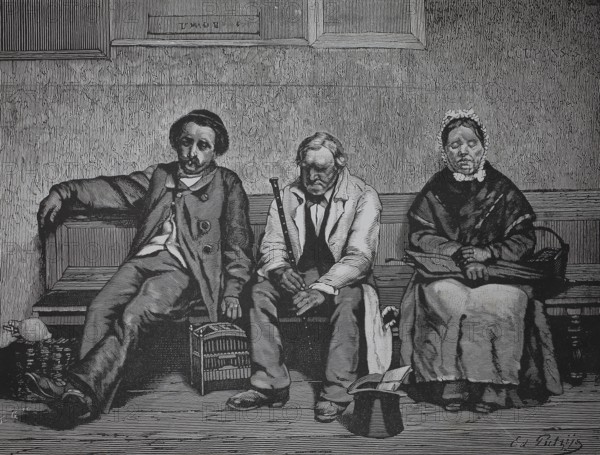 People in the fourth-grade waiting room at the train station, three people sitting waiting on a