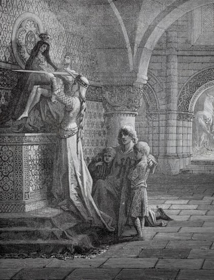 The crusader says farewell to the family in church, around 1100, France, A scene in a royal palace