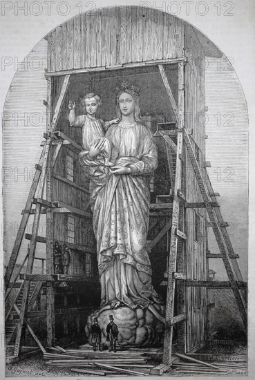 Construction site for the monumental Notre-Dame de France statue on the Rocher Corneille in Le