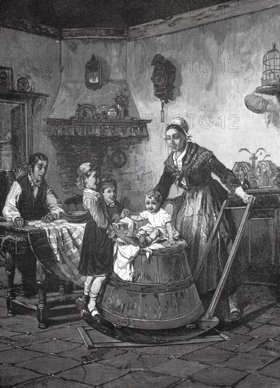 Family with three children in a farmhouse room, the children playing with a seesaw, 1880, Germany,