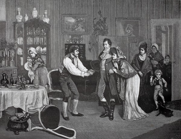 Unexpected visit by the family of the parents-in-law who suddenly stands in the room, 1880,