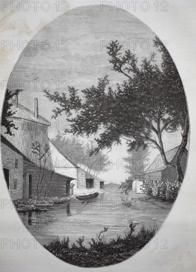 Landscape from the Gouda area, 1880, Holland, Netherlands, idyllic river landscape with buildings