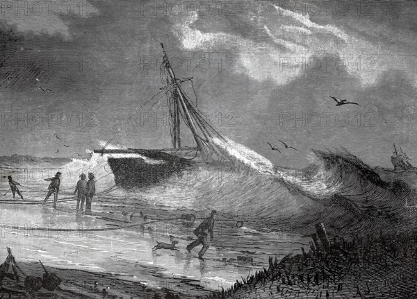 Stranded ship on the North Sea coast in Brittany, 1880, France, A shipwrecked ship on the beach