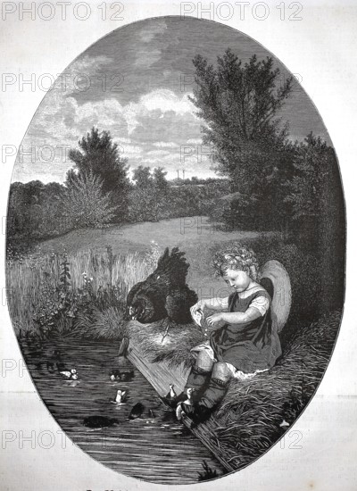 Girl sitting by the pond and feeding young ducks, 1880, Germany, angelic child sitting peacefully