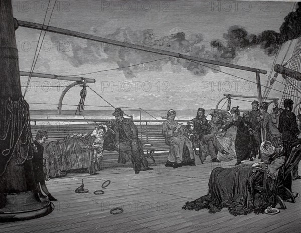 On the high seas, summer visitors on a boat trip to sea, 1880, North Sea, Holland, people on the