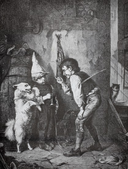 Two boys try to teach the domestic dog tricks, dressage, 1880, Germany, children playing with dog