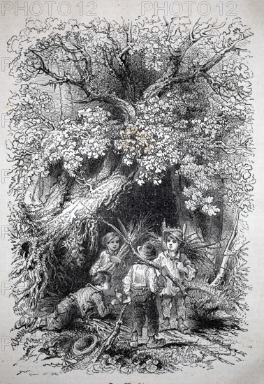 Children collect branches in the forest as firewood for home, 1880, Three children playing in