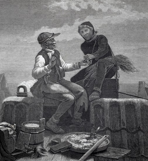 Chimney sweep and mason meeting and talking on a roof, snuff, craftsman offering another man a