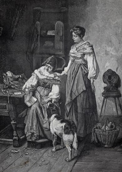 Sad news, woman has received a letter with sad news, girlfriend tries to comfort her, around 1870,