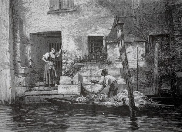A fruit merchant in Venice has docked at a front door with his boat and offers his goods, 1880,