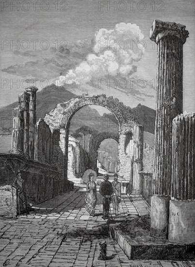 Forum Street in the ruined city of Pompeii, Mount Vesuvius in the background, 1880, Italy, tourists