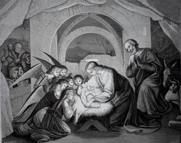 Angels at the crib, birth of Jesus, with his parents Mary and Joseph, Mary and Joseph admiring the