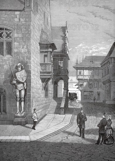 The town hall with Roland in Halberstadt in 1880, Saxony-Anhalt, Germany, A few people talking in a