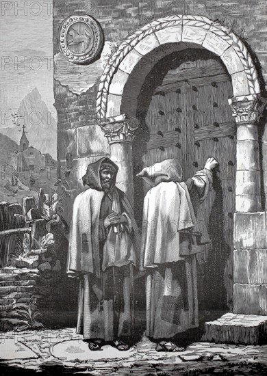 Spanish itinerant monks knocking on the gate of a monastery, 1880, Spain, Two monks knocking on an