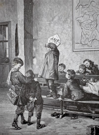 Children playing, tricksters, 1880, Germany, A child with a paper hat is looked at by other