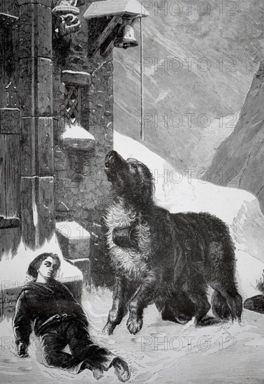 Saint Bernard, dog rescuing an unconscious child lying on church steps, 1880, Switzerland, A dog