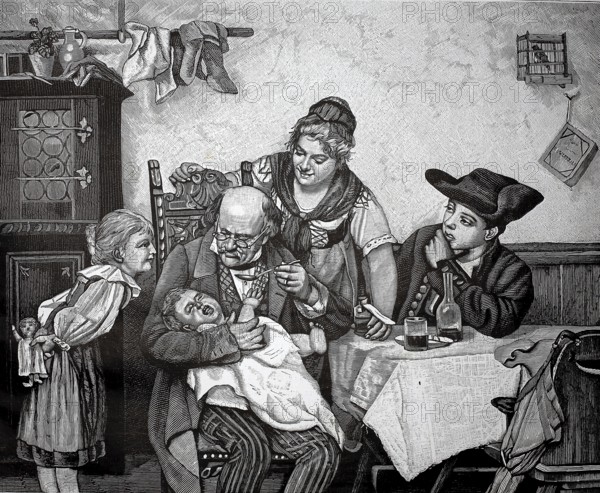 Bitter medicine, doctor gives a child a spoonful of medicine that he doesn't like. The family