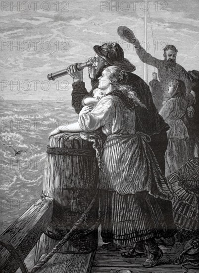 In search of a missing fishing boat, fisherman with a telescope searches the horizon, next to a