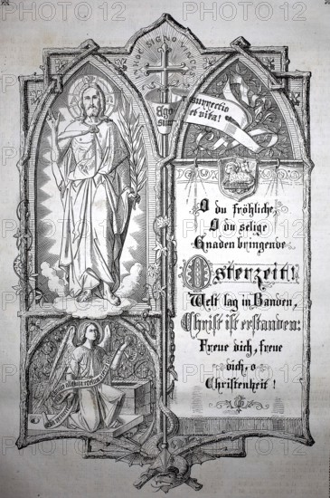 Altarpiece for the celebration of Easter, Christ is Risen, 1880, artistic engraving with Christian