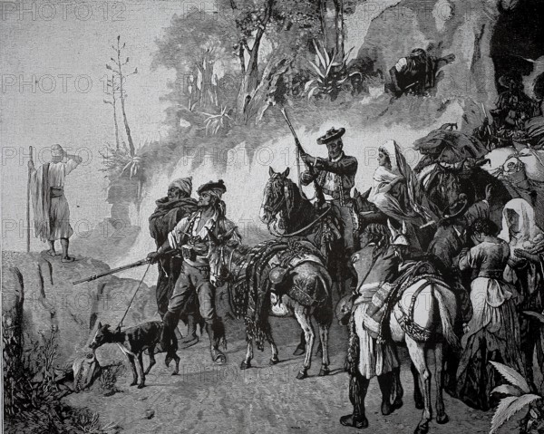 Spanish smugglers, around 1880, Spain, group of travelers with horses in a landscape, adventurous