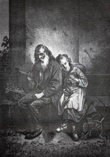 Old bearded man with a violinist, begging musician, sitting on a bench, his daughter leaning on