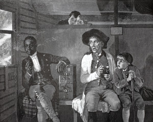 In the railroad compartment, a dark-skinned passenger with a suitcase is watched suspiciously by
