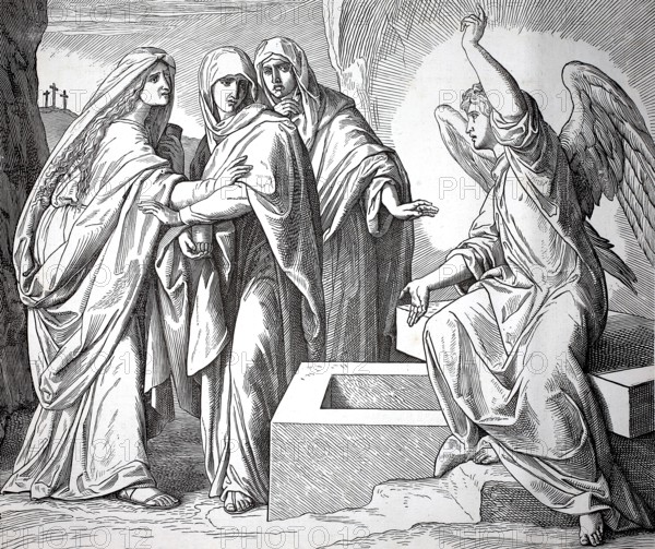 Biblical scene, the three woman at the grave of Jesus, angel proclaims a message of resurrection to