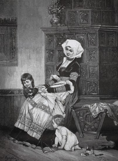 The children play hide and seek and the mother sits at the tiled stove and watches, 1880, Germany,