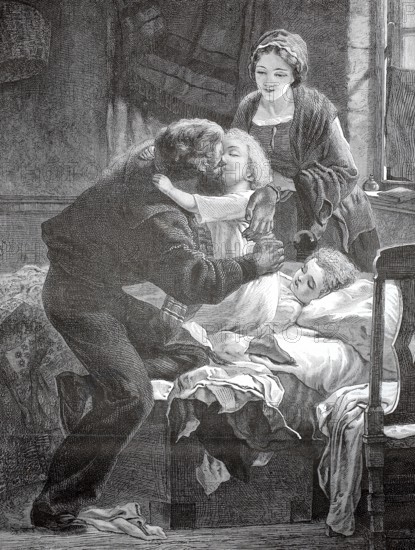 A miner says goodbye to his family in front of he goes to work, 1880, Germany, A loving moment