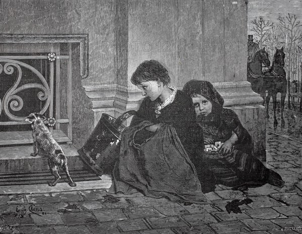 Two children, beggars, sitting on the street at a corner of a house, 1880, England, Two children