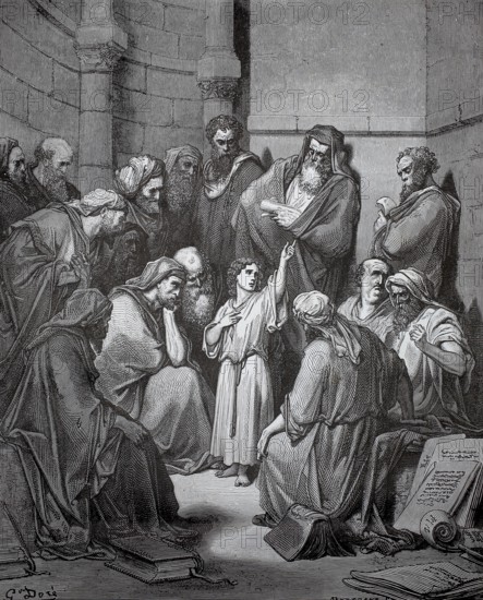 The 12-year-old Jesus in the temple, children and adults gather around a teacher in an ancient room