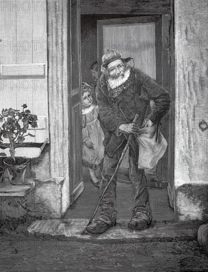 Old man, beggar, standing by a door and wrapping his alms in the bag, 1880, Holland, An elderly man