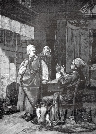 The fisherwoman returns home, the child sits in the basket and the old man receives her in the