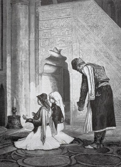 Orthodox family praying in church, 1880, Greece, people praying in a mosque and wearing traditional