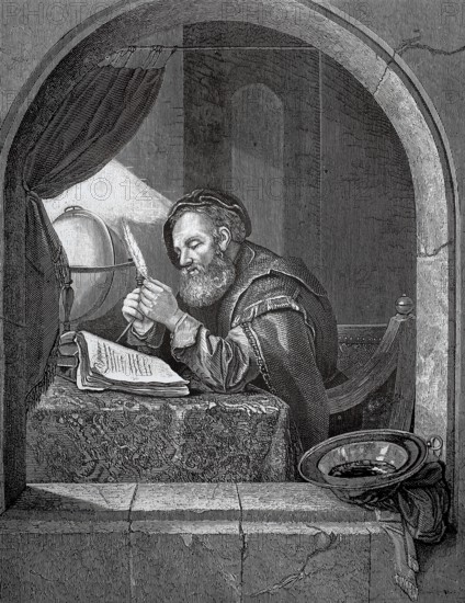 A scholar at his work desk in the 17th century, medieval man reading concentrated by lamplight at a