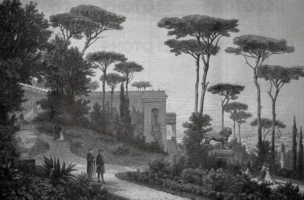Monte Pincio, one of the most famous viewpoints in Rome, 1880, Italy, people walking in a