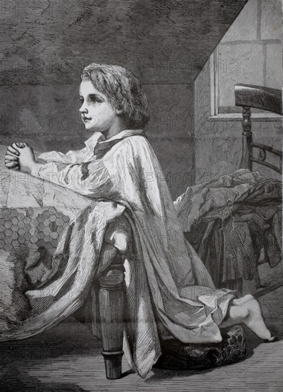 Child kneeling at bed for evening prayer, 1880, Germany, A child kneels in a nightgown praying at